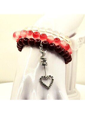 Heart Bracelet Stack, Romantic Beaded Bracelet Set, Red Pink Bracelet, Valentine
